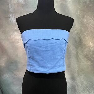 Abercrombie & Fitch Scalloped Linen Crop Top Blue Smocked Back Womens Medium